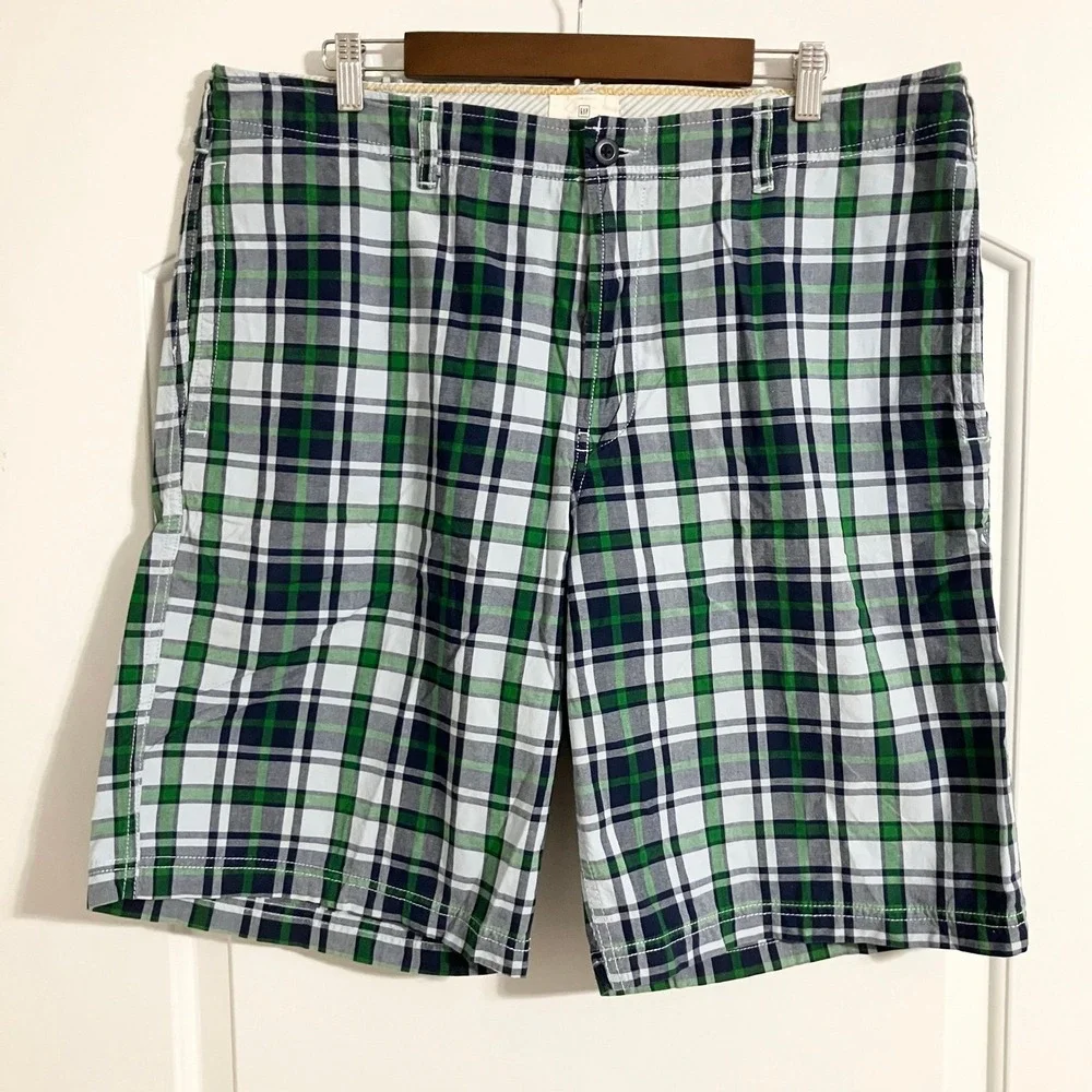 GAP 100% Cotton Plaid Mid Rise Flat Front Chino Short Green Men's 38